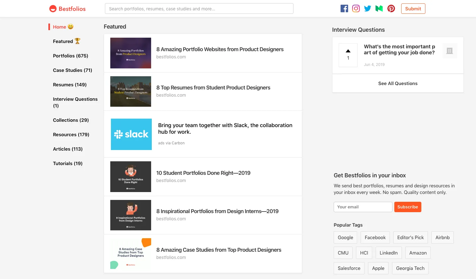 Bestfolios curates top portfolios from recent grads and seasoned pros working at major tech companies
