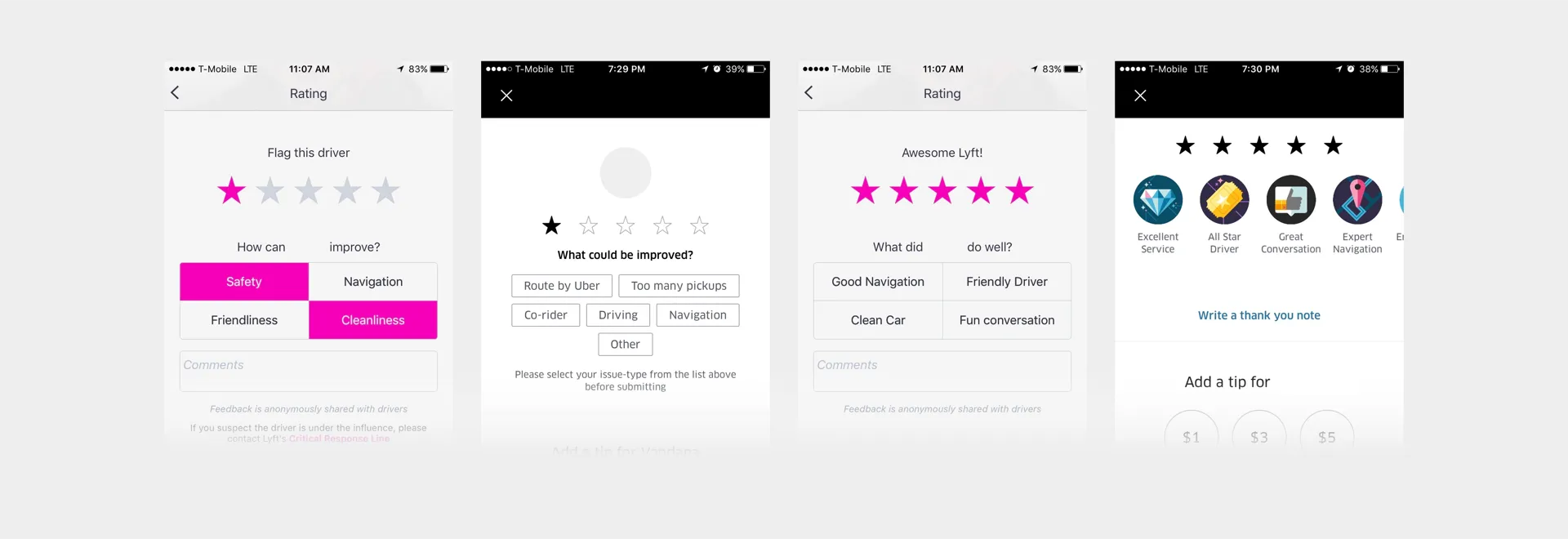 Side by side of a 1-star vs 5-star rating in Uber and Lyft