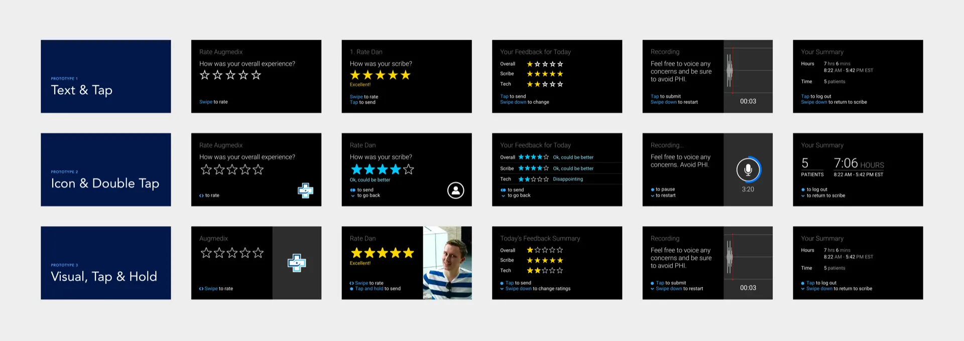 Key screens of the 3 prototypes (each on a different row)
