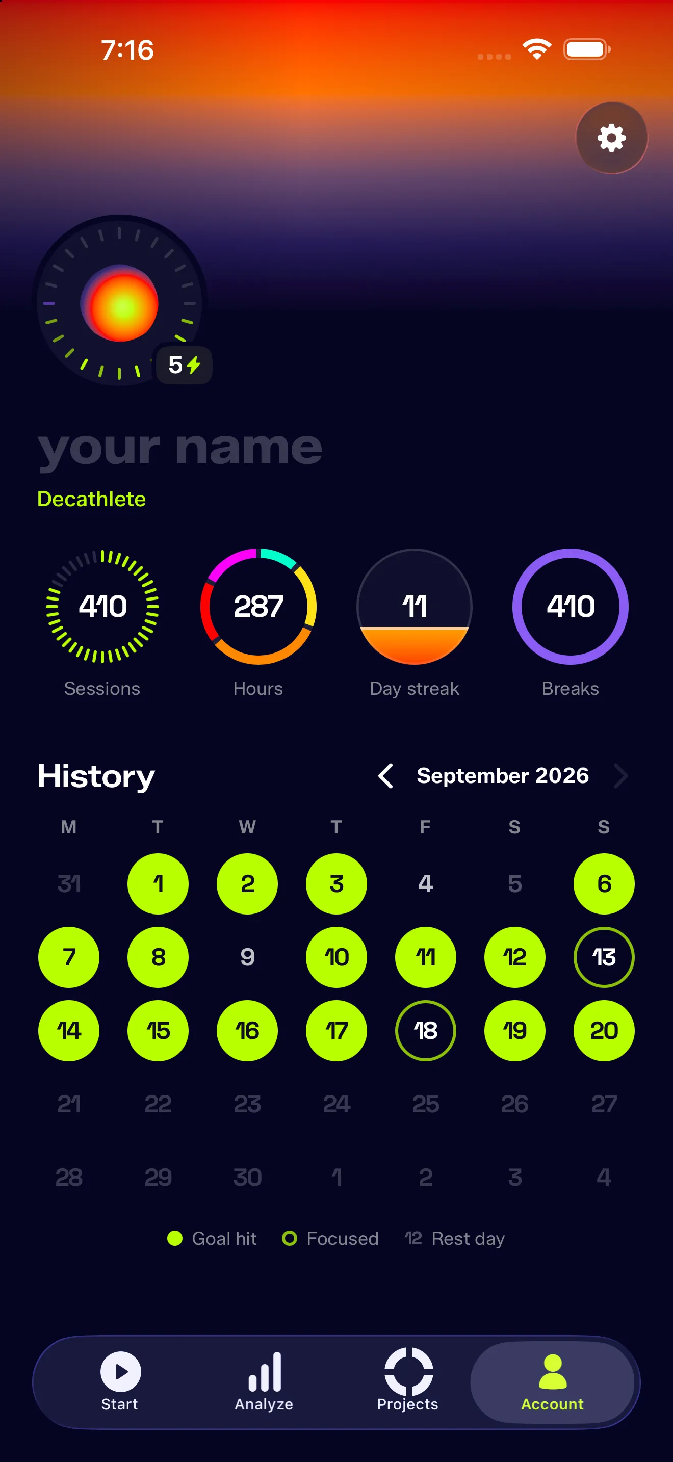 The new Account tab—a washed cover, aura avatar, four dials and a month calendar