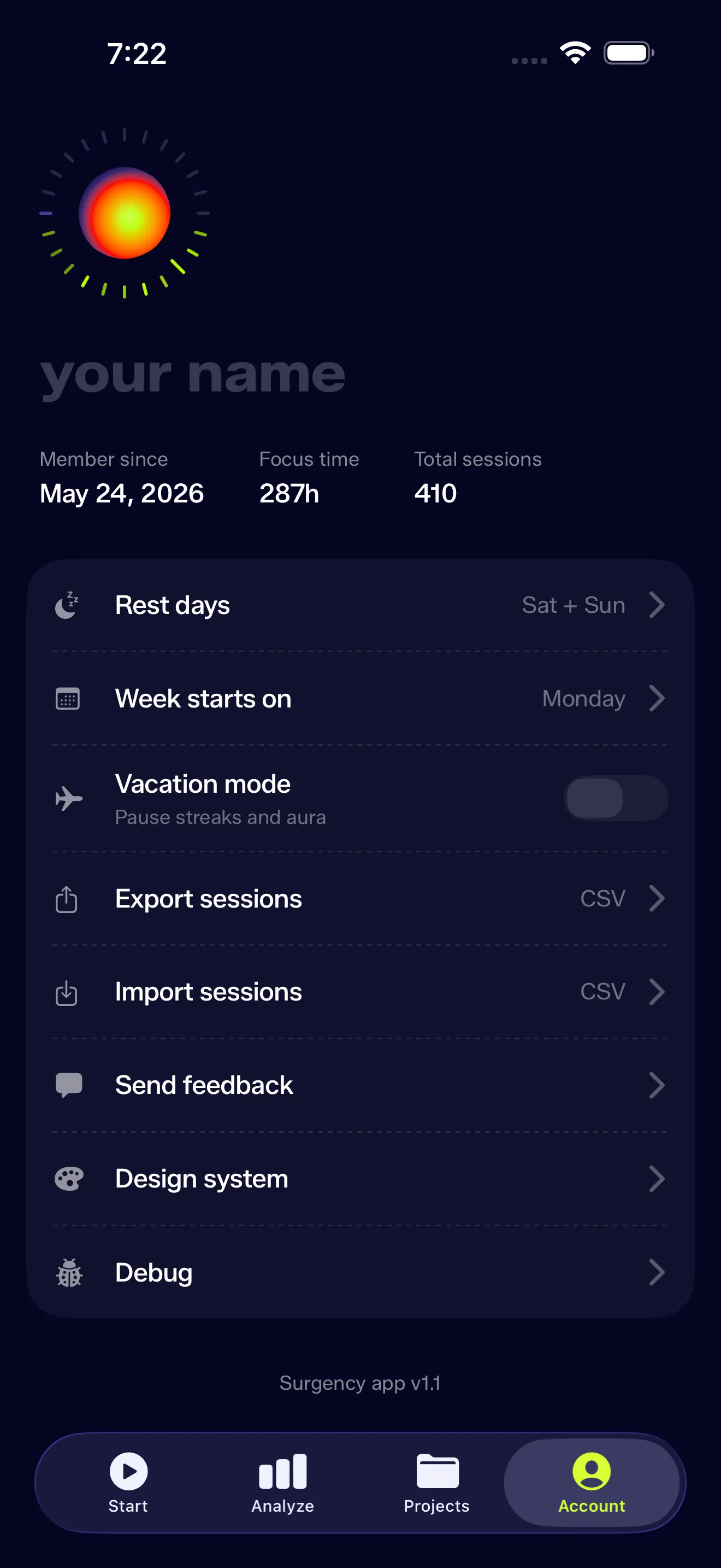 The old Account tab—three lifetime totals above a plain settings list