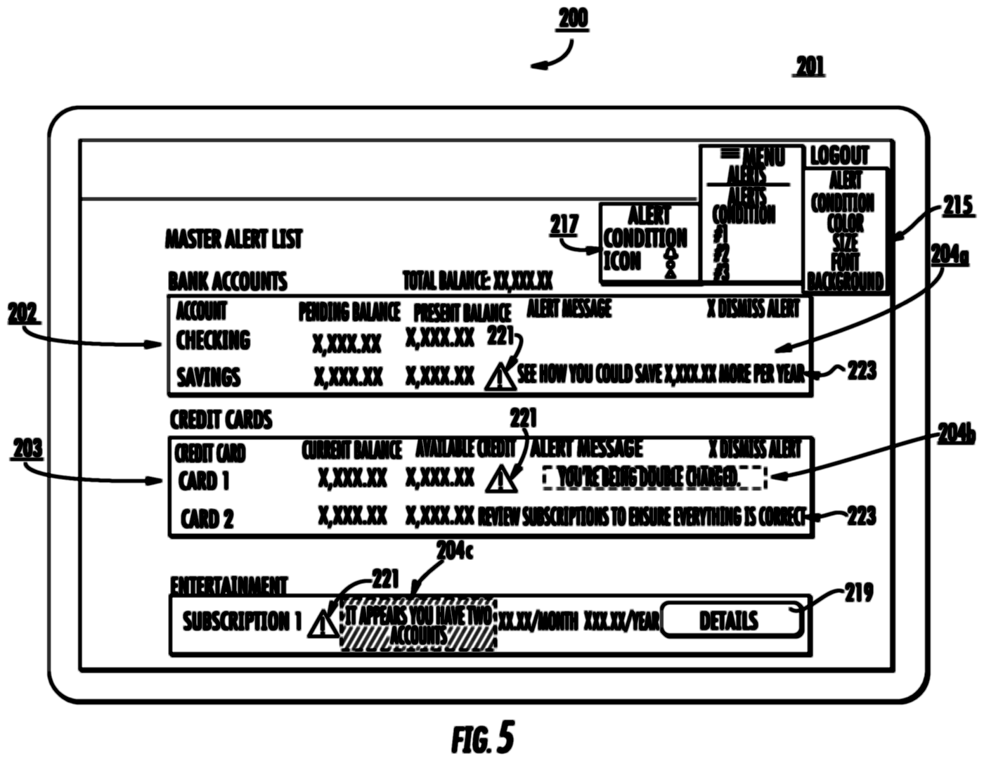 Patent drawing of a master alert list with an icon and colour for each alert condition