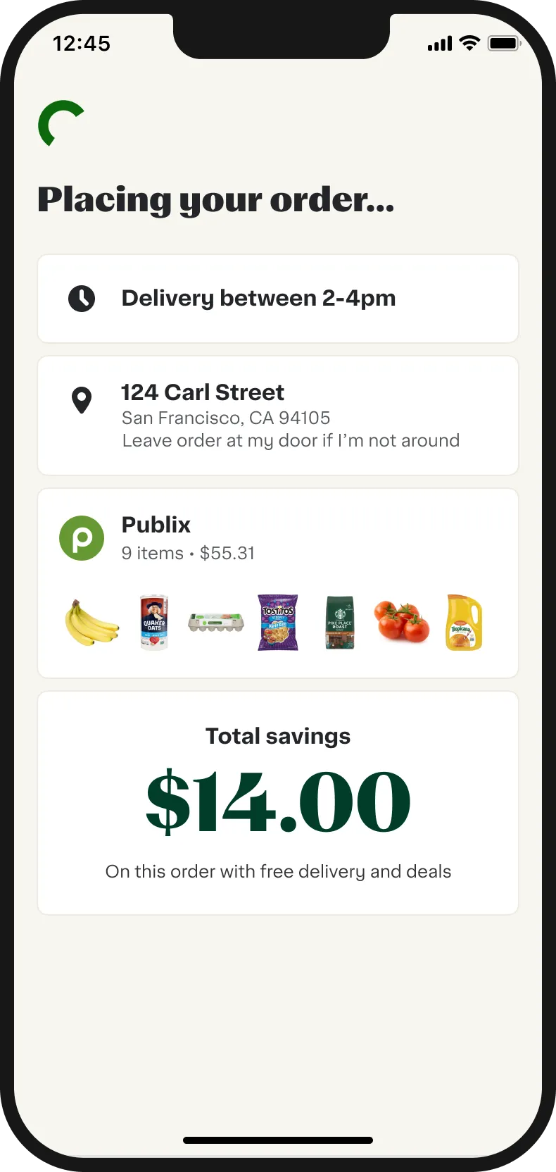 Order placed screen celebrating $14 in savings