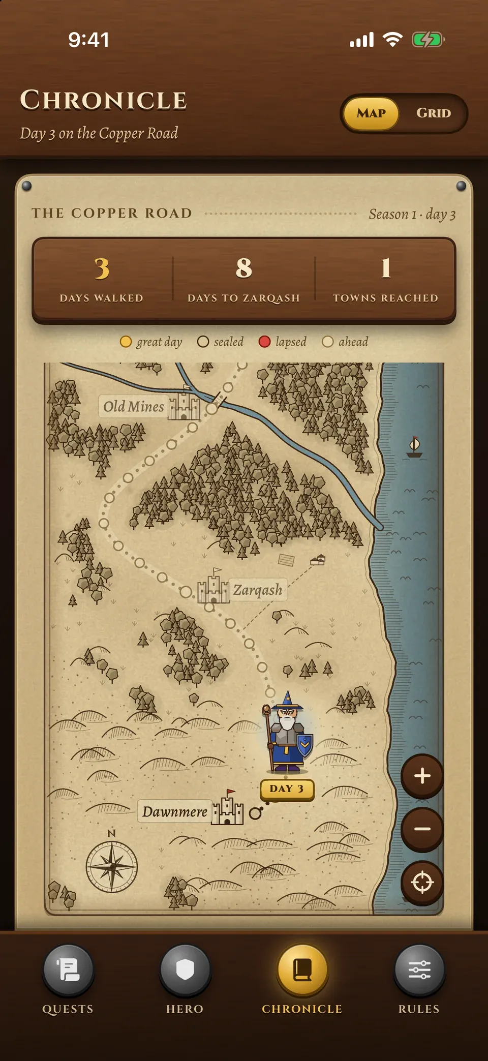 The Chronicle: a hand-drawn map of the Copper Road, with the hero three days along it