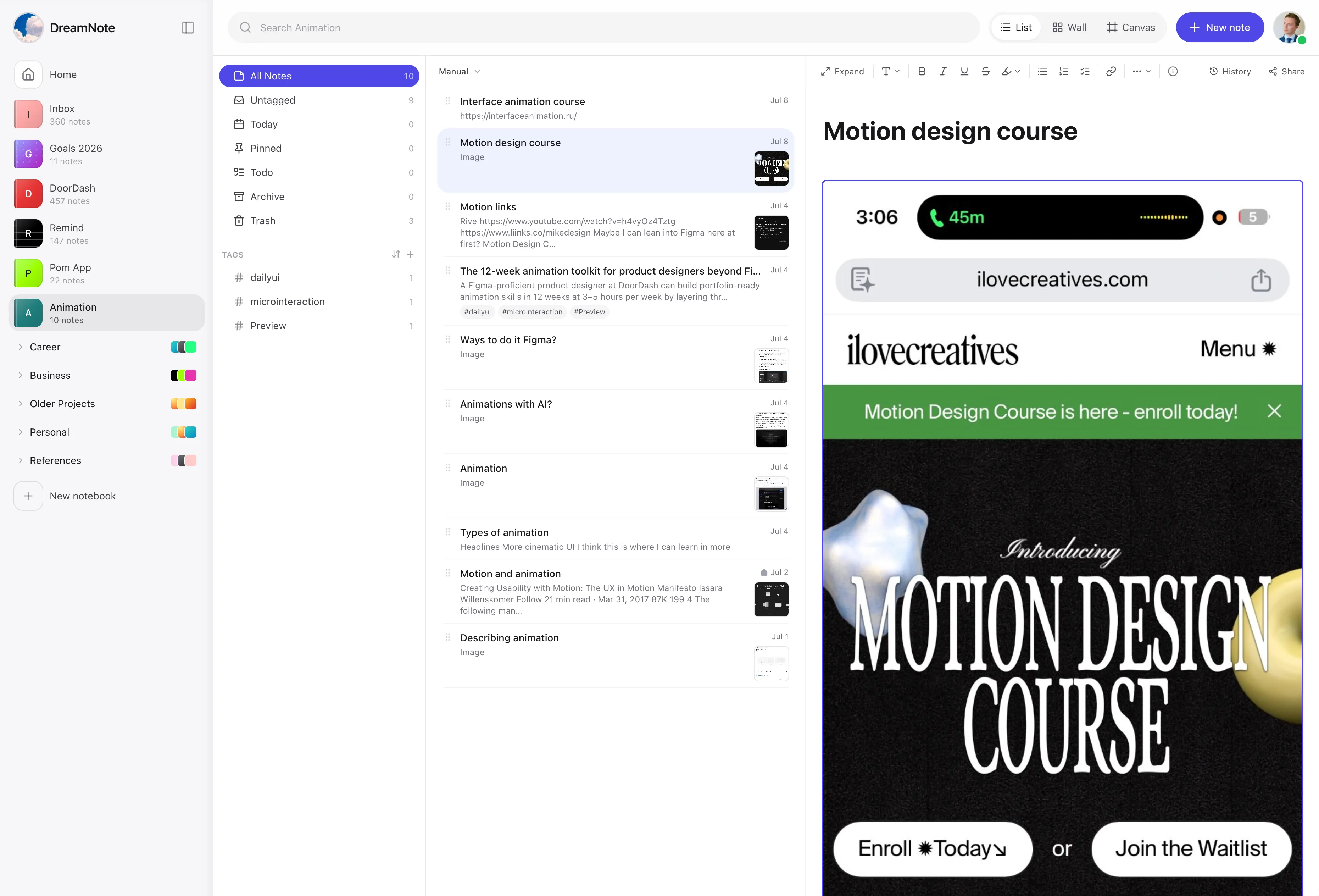 The DreamNote app, showing a notebook of saved links