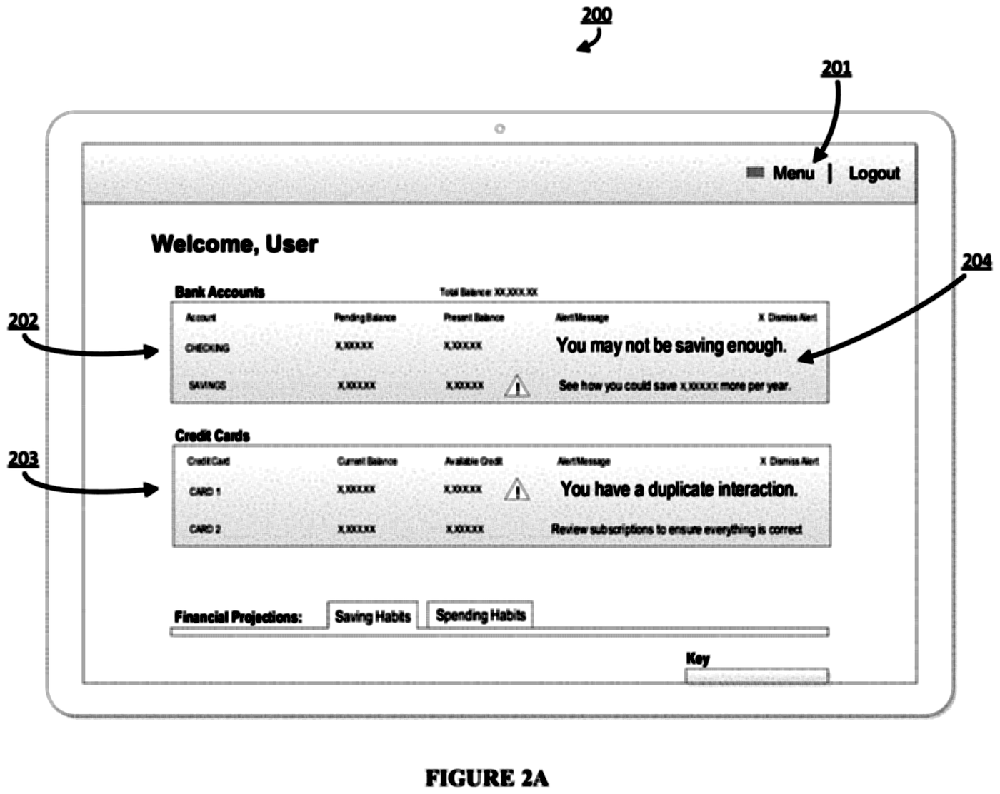 Patent drawing of a banking home screen with an alert reading “You have a duplicate interaction”