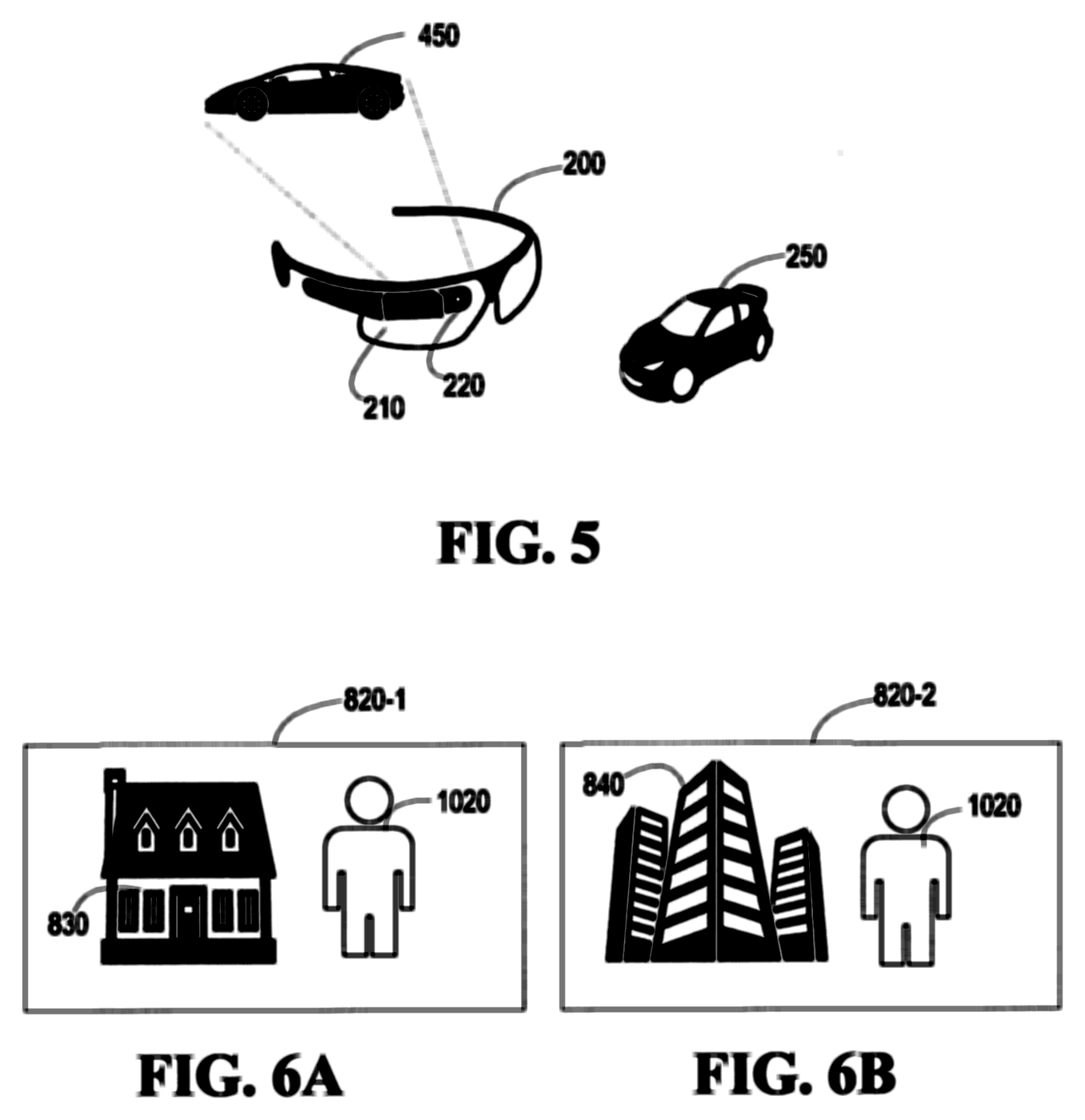 Patent drawing of smart glasses looking at two cars, above a person beside a house and the same person beside an apartment block