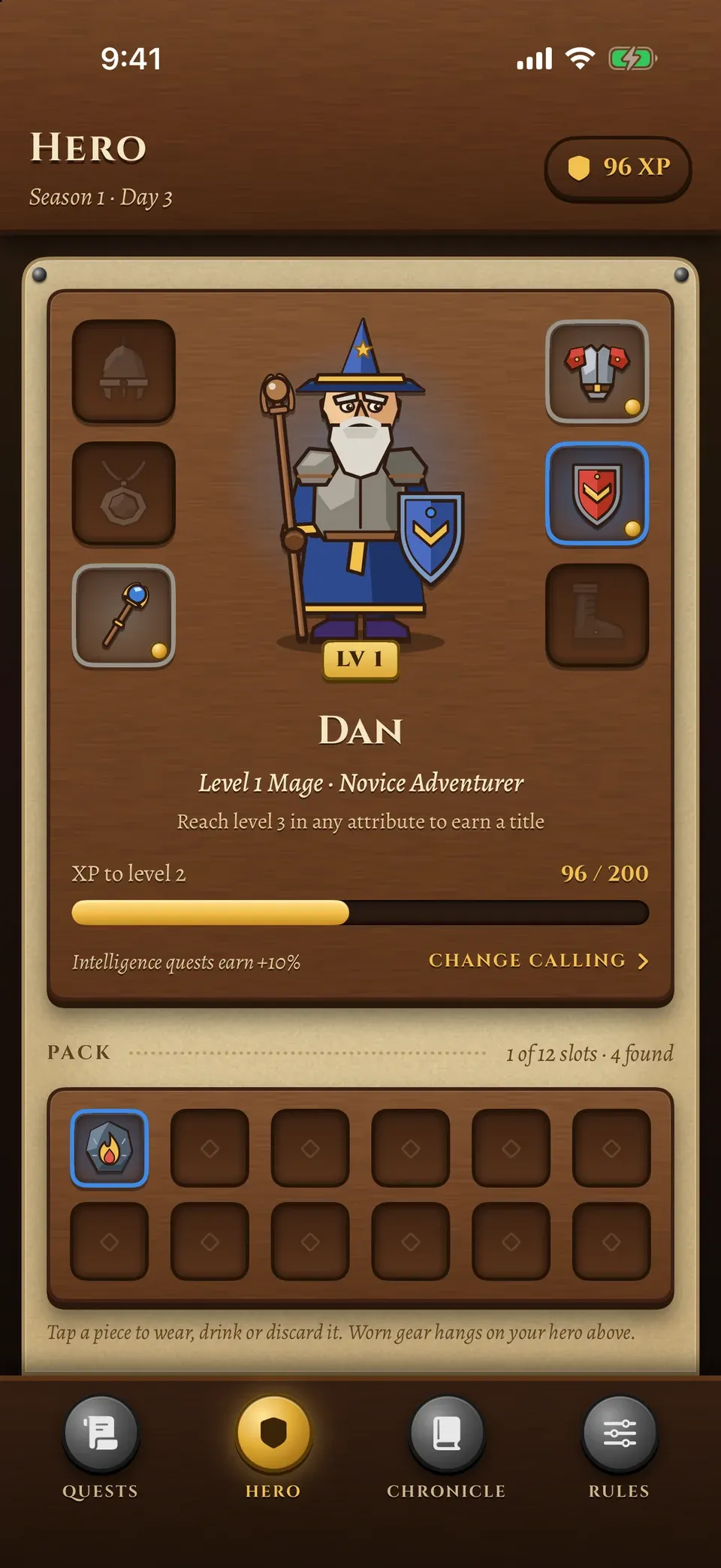 The Hero sheet: a level 1 mage named Dan between six gear slots, an XP bar at 96 of 200 and the pack below