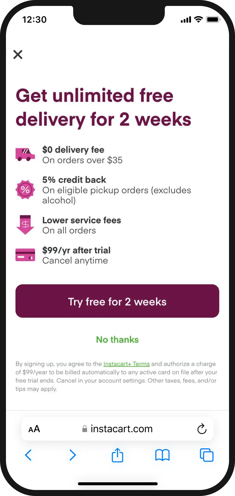 Full-screen membership offer for two weeks of free delivery