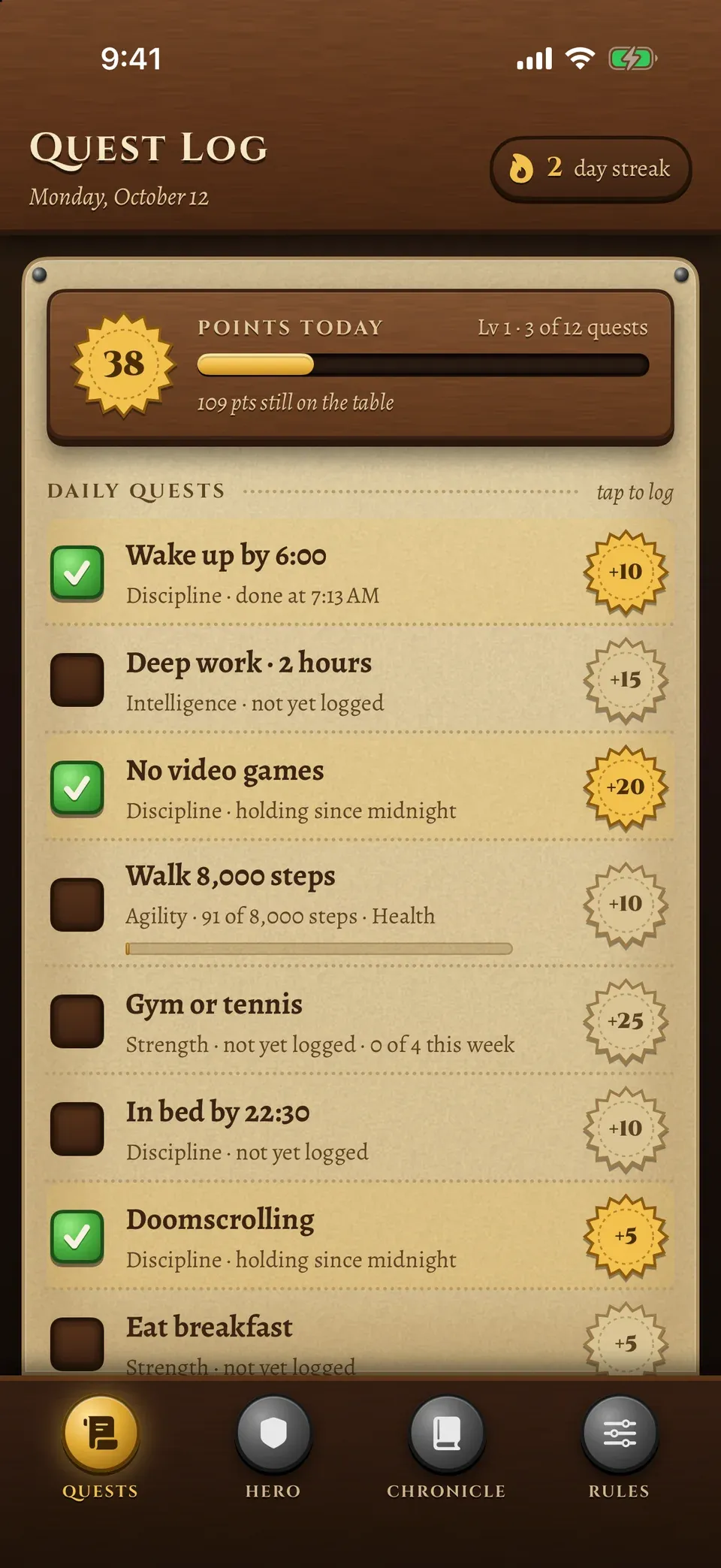 The EpicQuest Quest Log: 38 points today on a two-day streak, with the day’s habits checked off for points