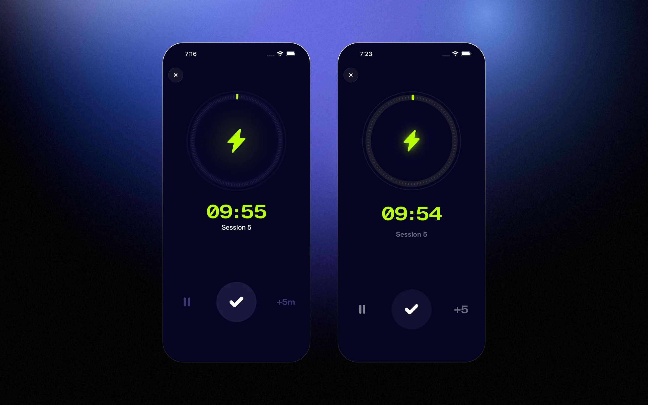 Two Surgency session screens side by side—the reworked tick ring, a lime 09:55 and “+5m” on the left, the earlier grey ring and “+5” on the right