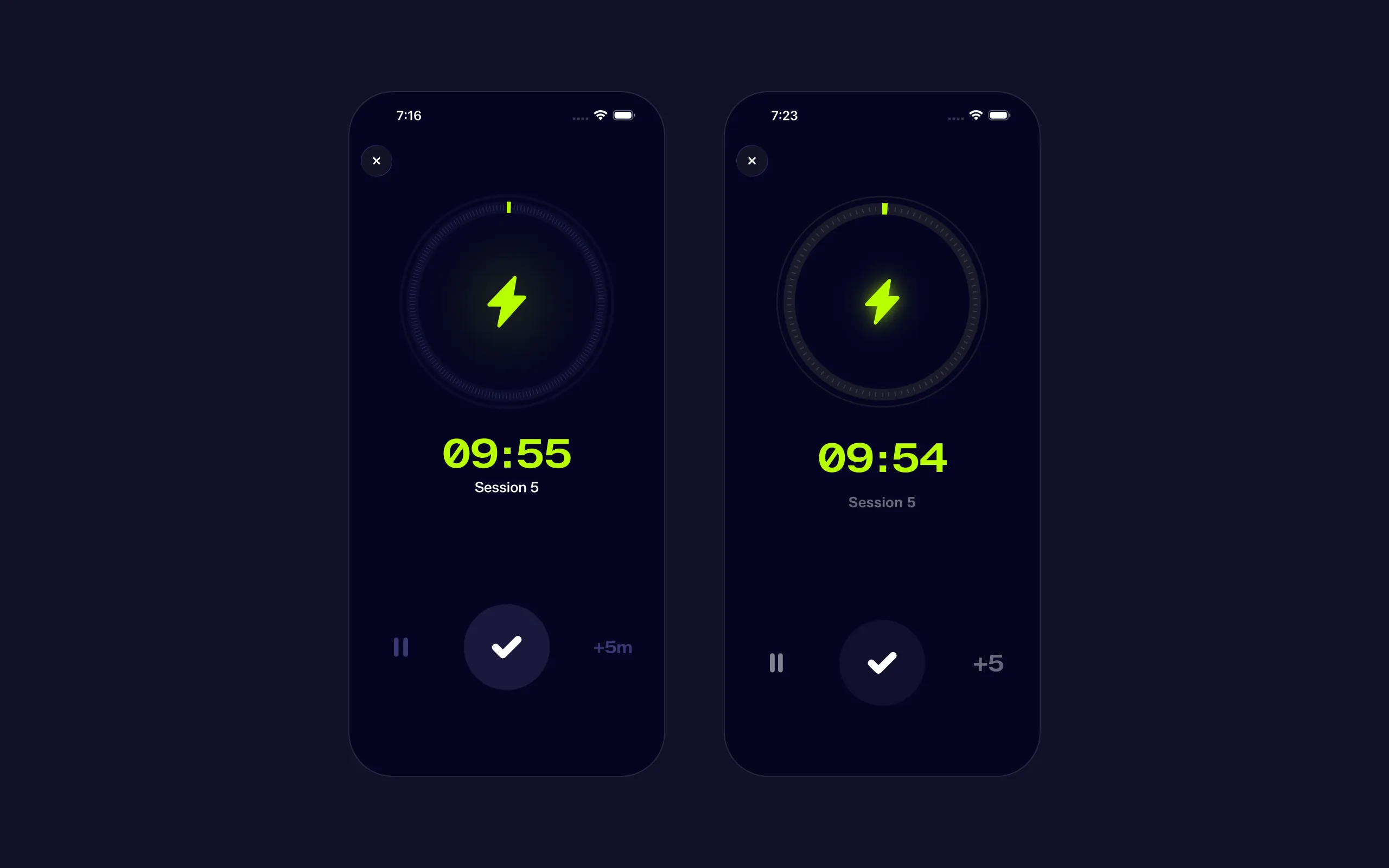 Two Surgency session screens side by side—the reworked tick ring, a lime 09:55 and “+5m” on the left, the earlier grey ring and “+5” on the right