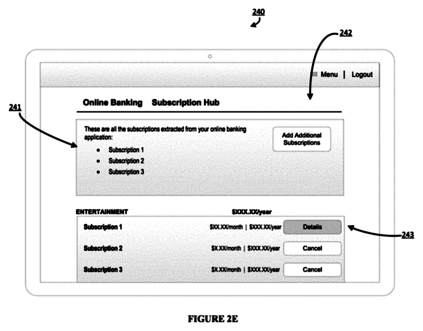 Patent drawing of a Subscription Hub screen listing subscriptions with details and cancel buttons