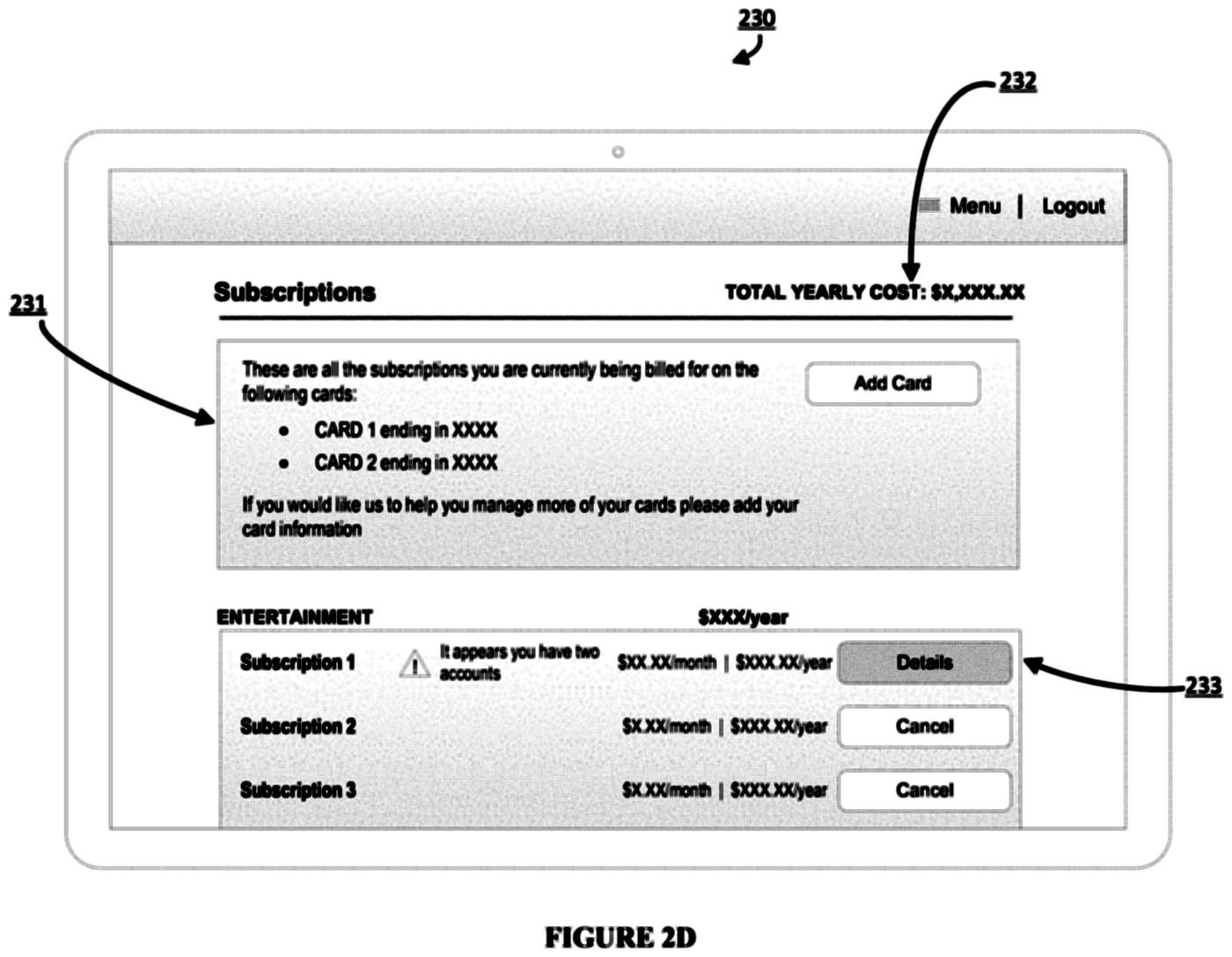 Patent drawing of a subscriptions screen with a total yearly cost and a warning against one subscription