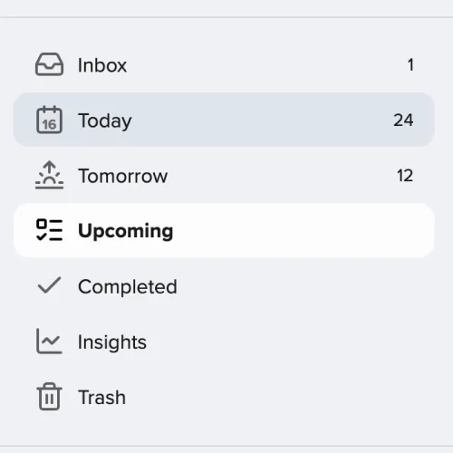 The custom to-do app sidebar with Today, Tomorrow, and an Insights view