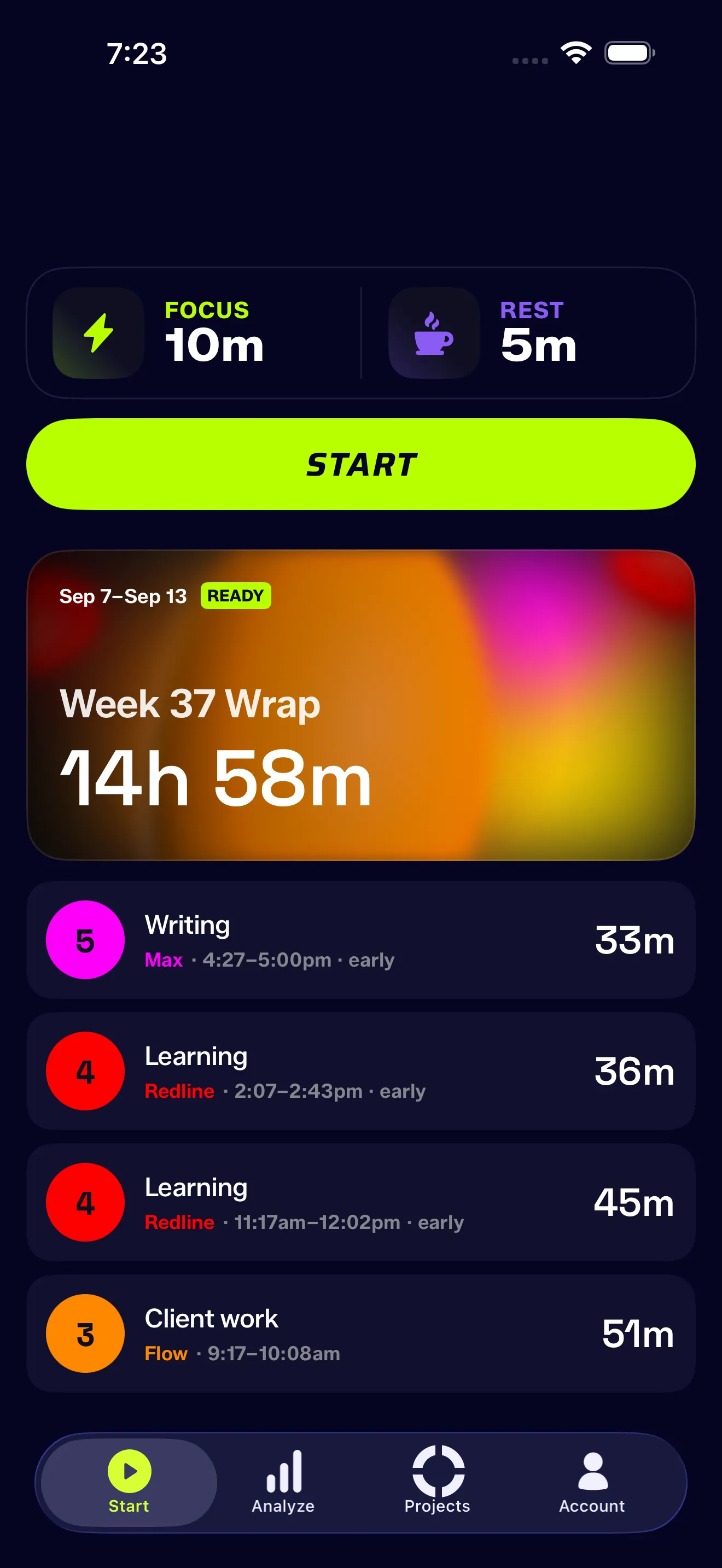 The Today tab with a Weekly Wrap card above four compact session rows