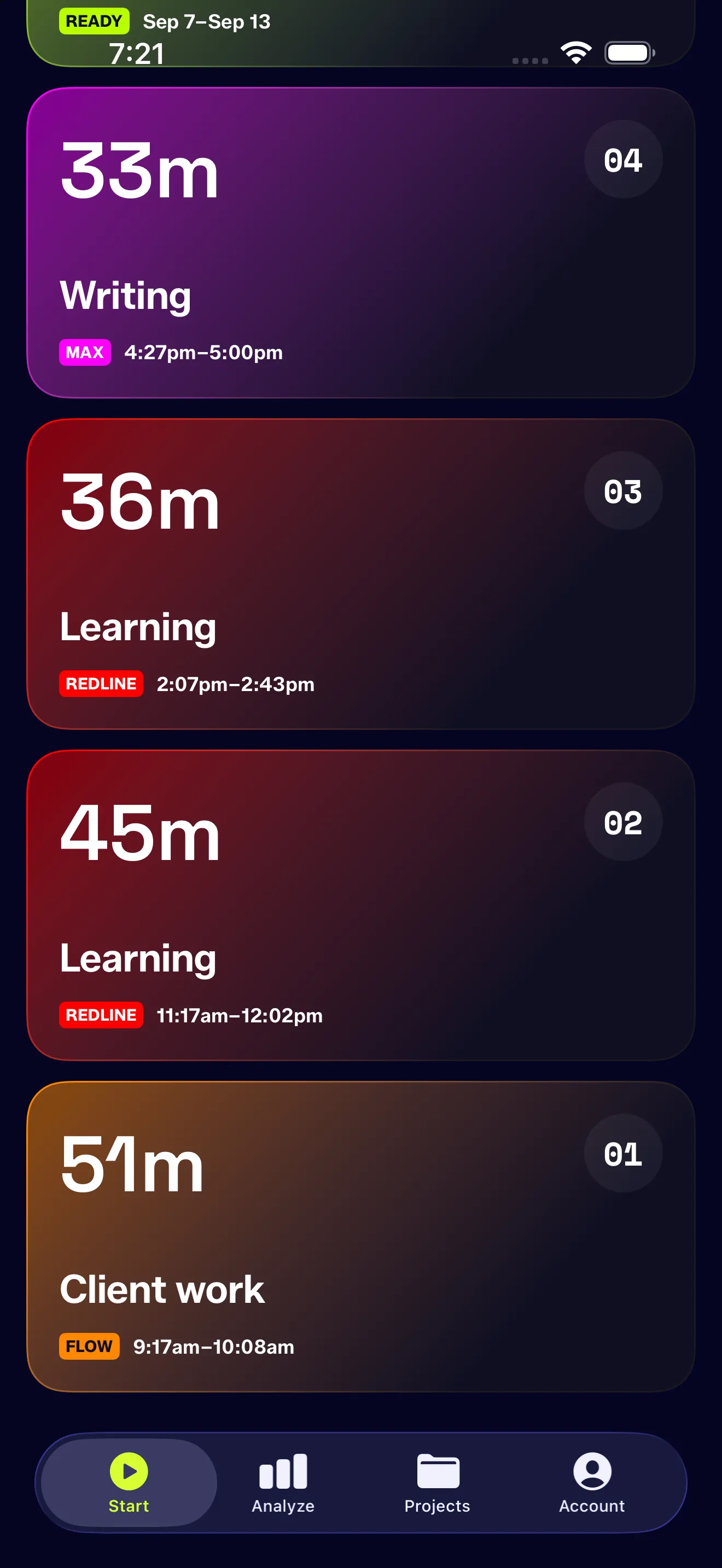 The Today tab, four sessions as large gradient cards in purple, red and orange